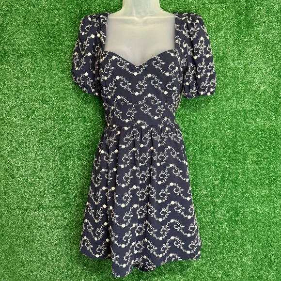 Francesca's Collection Gena Tie Back Embroidered Navy Puff Sleeve Mini Dress - Picture 4 of 16